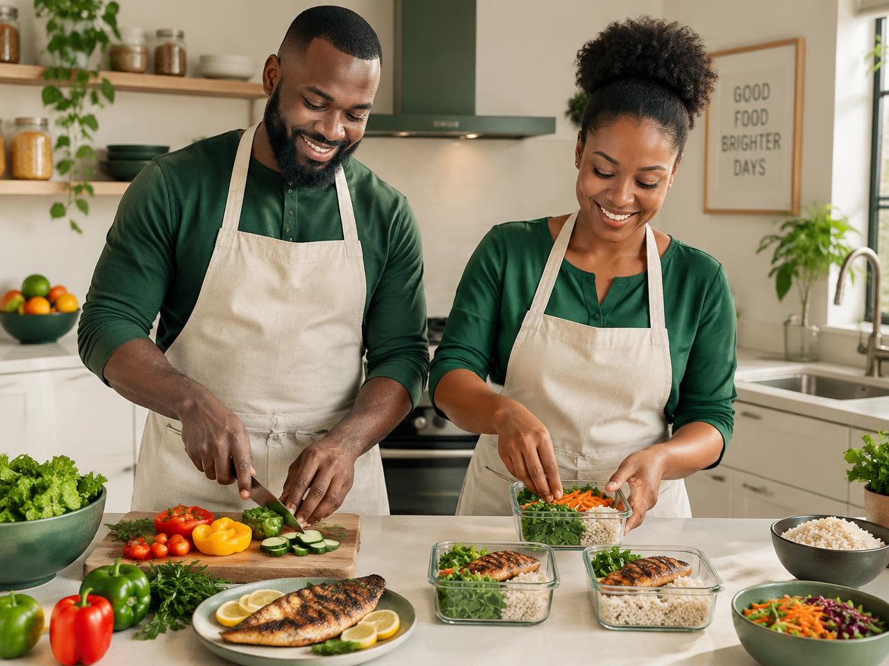 Casal a preparar refeições equilibradas em casa
